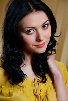 Eilona in Yellow Dress by Arkisi indoor brunette black hair brown eyes boobies shaved pussy