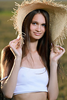 Anastasia Bella in Hay Field by Matiss outdoor sunny brunette sunset brown eyes shaved pussy custom